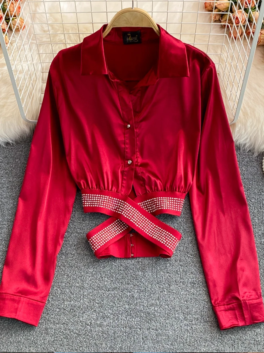 

Women Sexy Cropped Tops Red/Blue/White Turn-Down Collar Single Breasted Long Sleeve Diamond Bandage Blouse Female Short Shirts