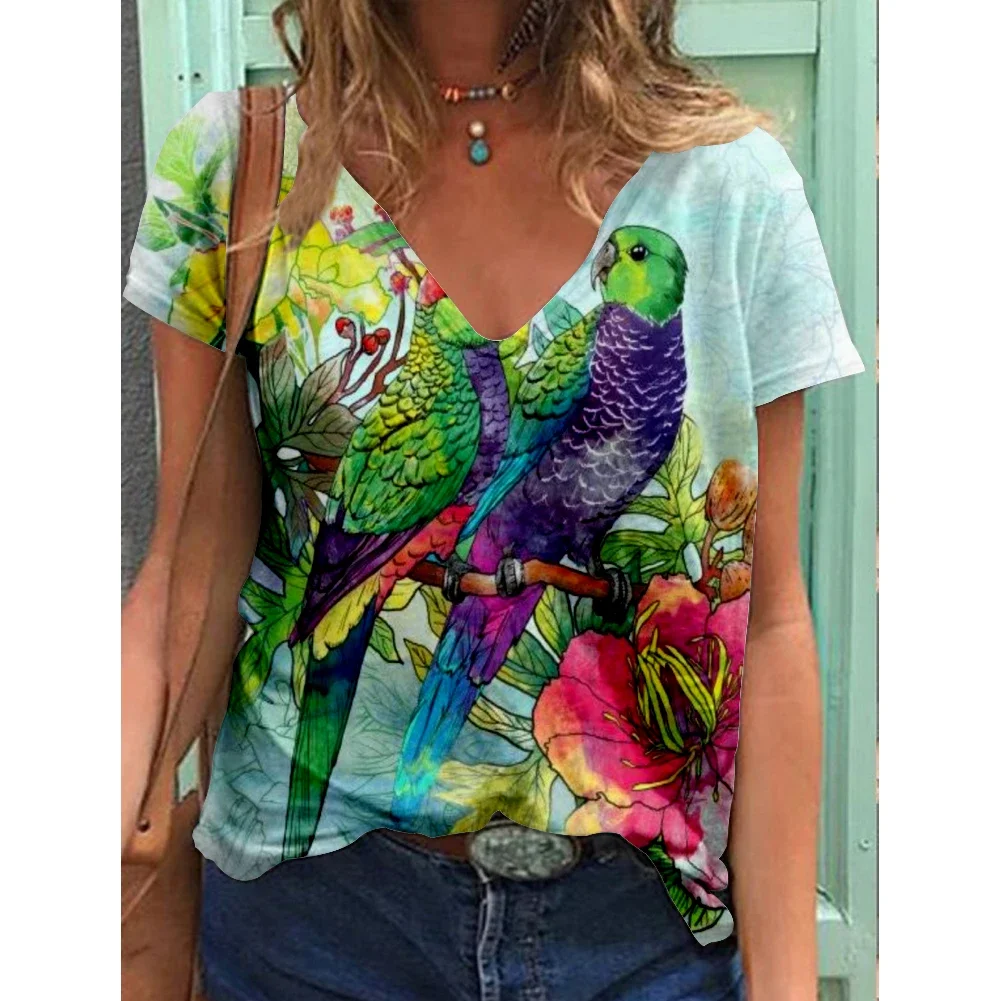 

Summer T Shirts Flower Magpie 3D Print V-Neck Women Oversized Vintage T Shirts Short Sleeves Girls Kids Women Top Clothing
