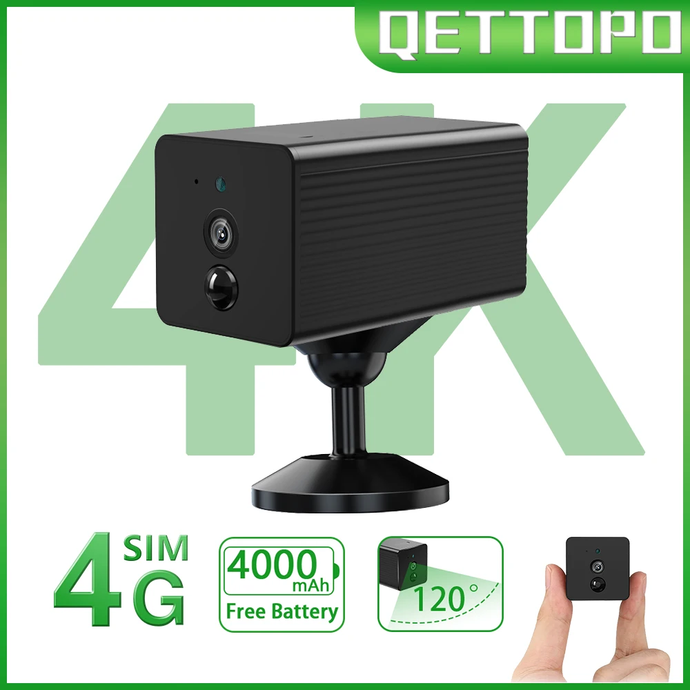 

Qettopo 4MP 4G SIM Card Battery Mini IP Camera 4000mAh Battery Mini Video Record IR Night Surveillance WiFi Security CCTV Camera
