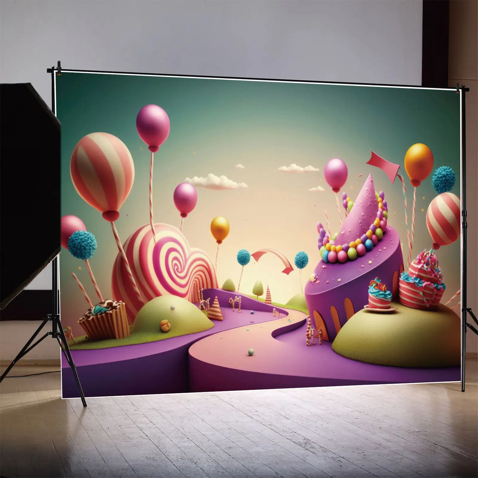 

Birthday Party Candyland Photography Backdrops Balloons Icecream Cake Customized Baby Photo Backgrounds Photoshoot Props