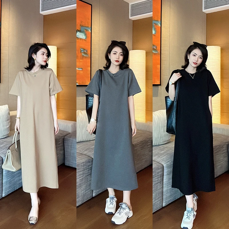 

Short-sleeved Dress Female 2023 Spring and Summer New Round Neck Casual Loose Straight T-shirt Long Dress