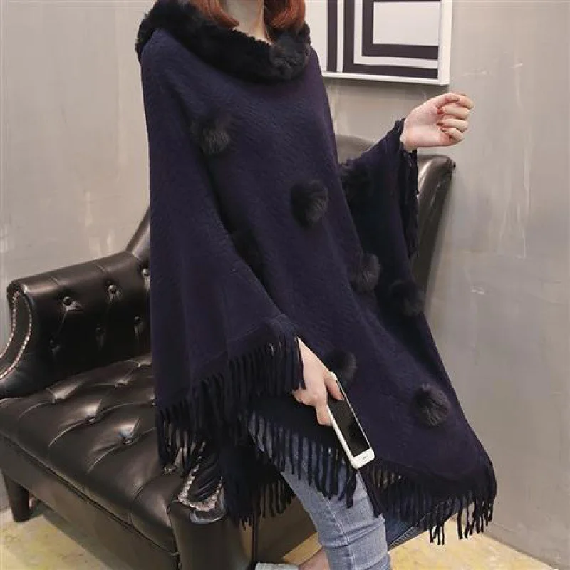 Autumn Winter Imitation Rabbit Fur Ball Women's Coat Imitation Wool Collar Pullover Shawl Warmth Poncho Capes Navy Cloaks