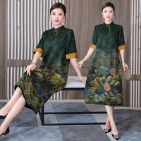 summer improved cheongsam large size temperament print loose waist pullover robe femme vintage dress