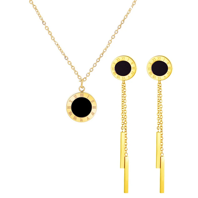 

316L Stainless Steel Long Tassel Roman Numerals Women's Earrings Necklace Set Trajes De Mujer Conjunto 2 Piezas Elegantes Jewelr