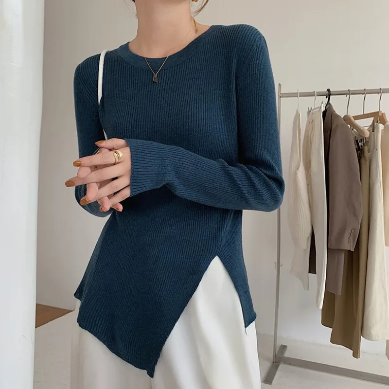 

O Neck Elegant Women Clothes Pullover Ladies Casual Vintage Korean Y2K Solid Autumn Winter White Long Sleeve Jumper Basic Tops