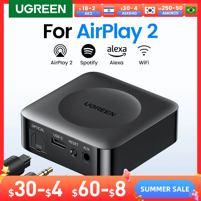 UGREEN  WiFi 2.4/5G HiFi Audio Receiver Preamplifier DLNA Optical & 3.5mm Speaker For Airplay2 Music Adapter with Siri & Alexa
