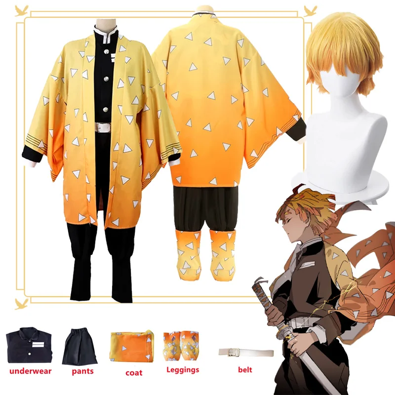 

Demon Slayer Agatsuma Zenitsu Cosplay at Anime Kimetsu No Yaiba Zenitsu Wig Adult Kids Uniform Hallowee Costume