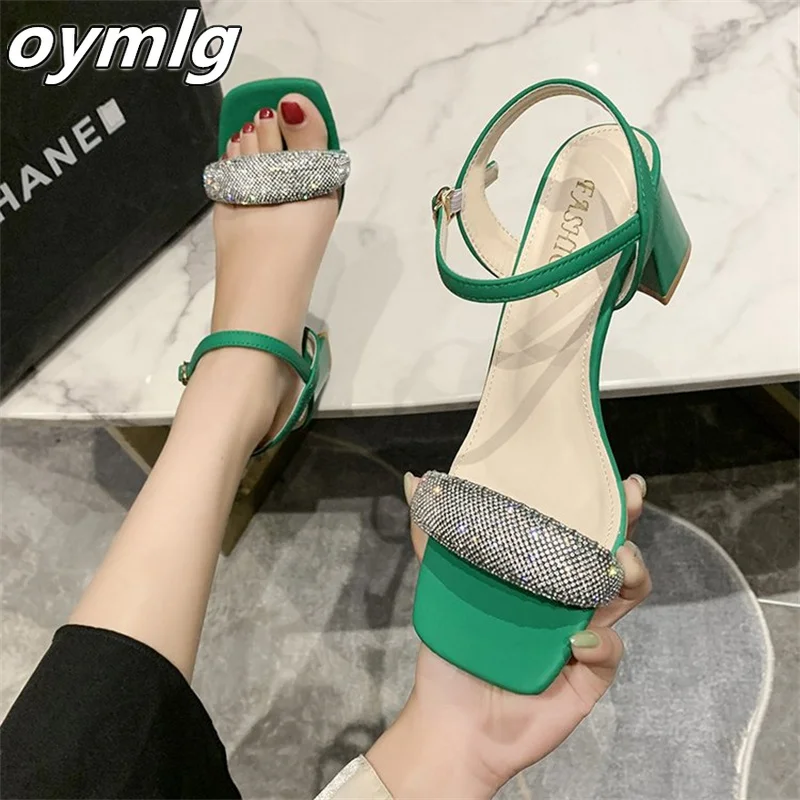 

New square-toe metal sandals with diamonds with high-heeled sandals temperament sexy thick-heeled high-heeled shoes women's shoe