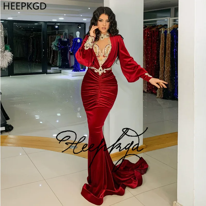 Long Burgundy Evening Dress Mermaid See Through Exquisite Crystals Velvet Arabic Party Gowns For Prom Custom Made Robe De Soiree