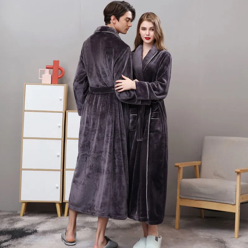 Men Flannel Kimono Bath Gown Ultra Long Robe Coral Fleece Nightgown Lovers Couple Thick Warm Sleepwear Dressing Gown 2023