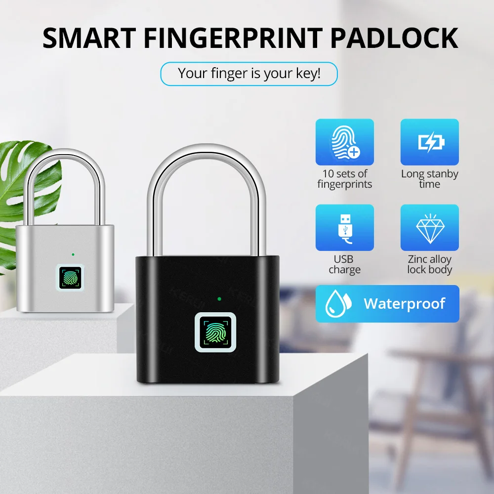 KERUI Smart Fingerprint Padlock USB Rechargeable Mini Size Finger Touch Lock for Door Cabinets Locker Bikes Door Lock