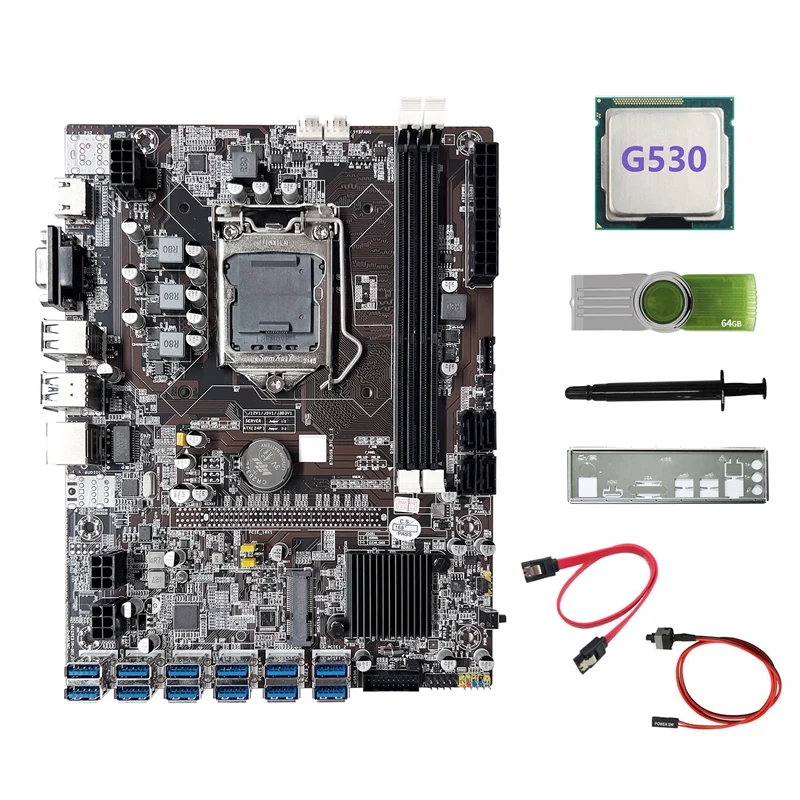 

B75 ETH Mining Motherboard 12USB3.0+G530 CPU+64G USB Driver+SATA Cable+Switch Cable+Thermal Grease+Baffle For BTC Miner