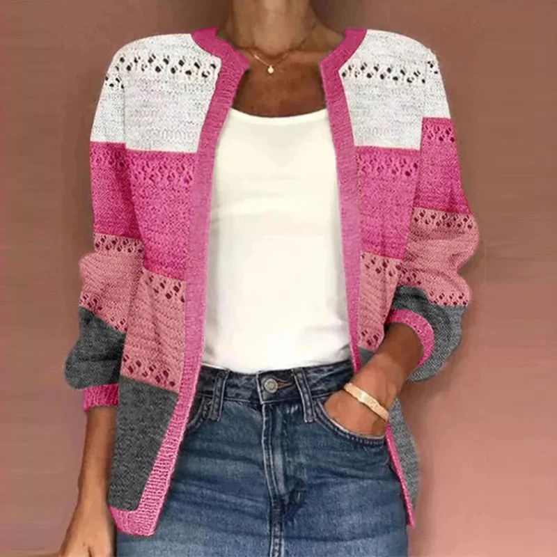 

New Knitted Tops Autumn Winter Women Clothing Patchwork Colors Hollow Cardigan Coat Casual Fashion Long Sleeve Sweater Outerwear