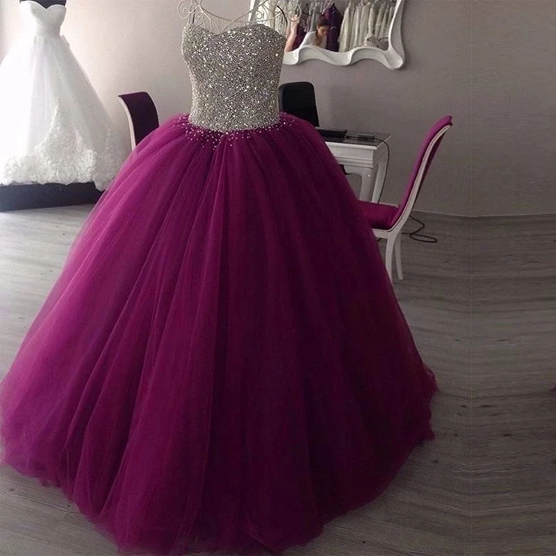 

Sexy Purple Ball Gown Masquerade Dress Sparkly Beaded Tulle Floor Length Sleeveless Formal Sweetheart Puffy Quinceanera Dresses