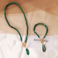 european and american jewelry malachite leaves pearl oil drop necklace female personality retro fashion high quality necklace