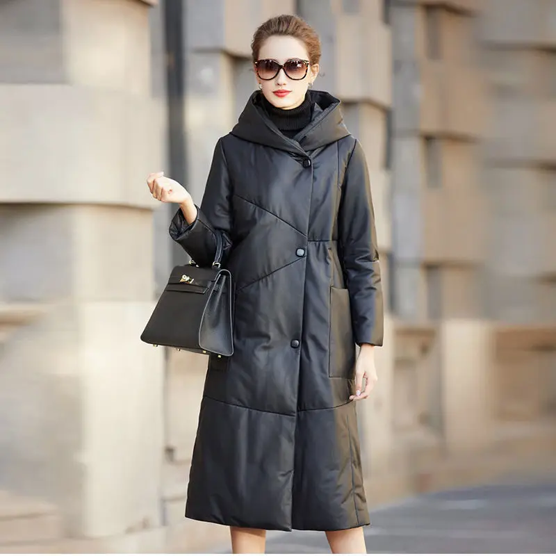 Black Pu Leather Jacket Women Winter Coats Mid Long Fashion Sheepskin Hooded Down Cotton Parka Thick Warm Female Clothing Padded