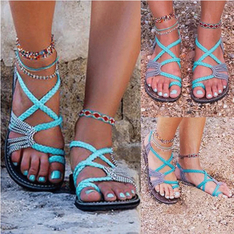 

2022 summer Women Sandals Fashion Gladiator Sandals Summer Shoes Female Flat Sandals Rome Style Cross Tied Sandals Shoes 35-44
