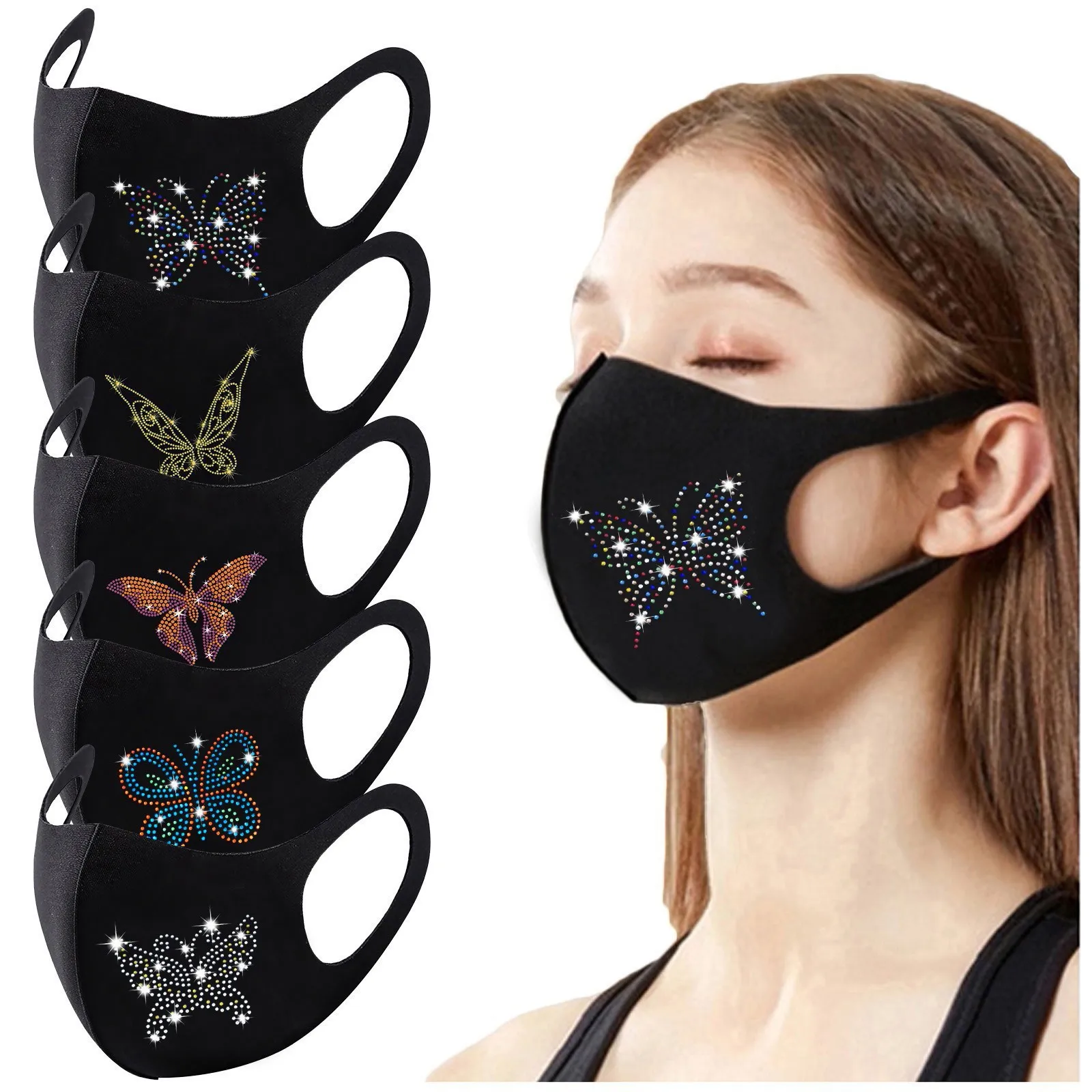 

Rhinestone Printing Cotton Washable Monder Black Color Sequins Women Breathable Masque Scarf Halloween Cosplay Mask Mascherine