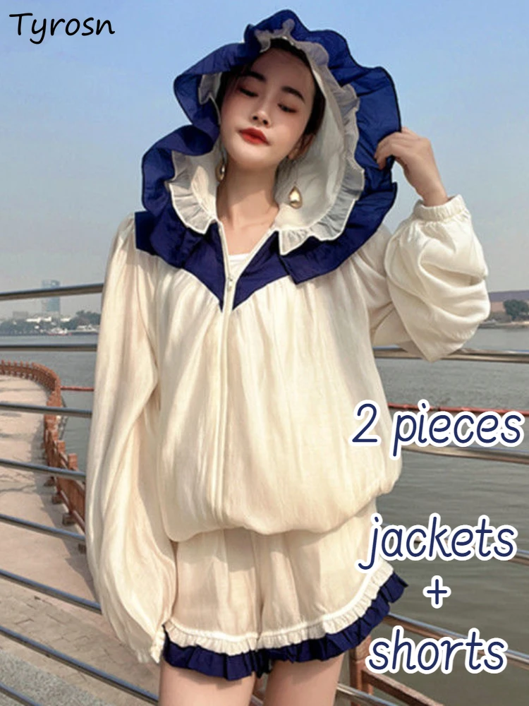 

Hooded Jackets Sets Women 4 Colors Shorts Ruffles Design Elegant Patchwork Baggy Wide Leg Summer Sun-proof Korean Style Female