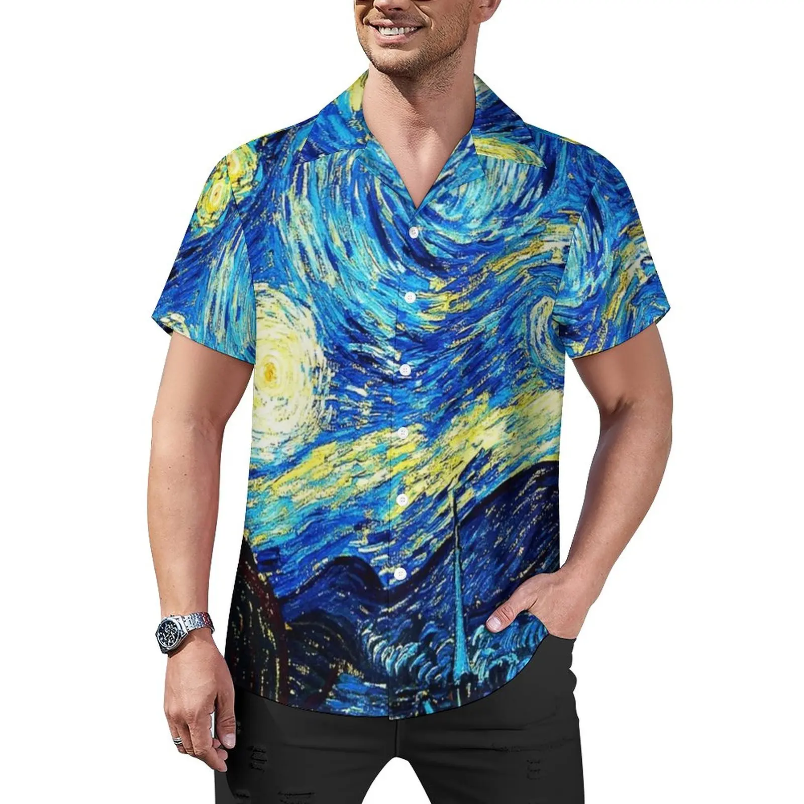 

Starry Night Casual Shirts Vincent Van Gogh Beach Shirt Hawaii Aesthetic Blouses Mens Custom Big Size 3XL 4XL