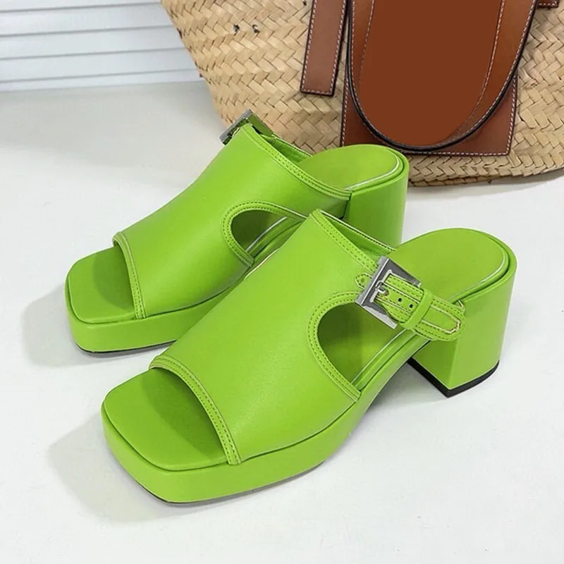 

High Quality Genuine Leather Vintage Chunky Heel Sandals Women's Peep Toe Pumps 2022 Summer New Fashion Platform Slippers