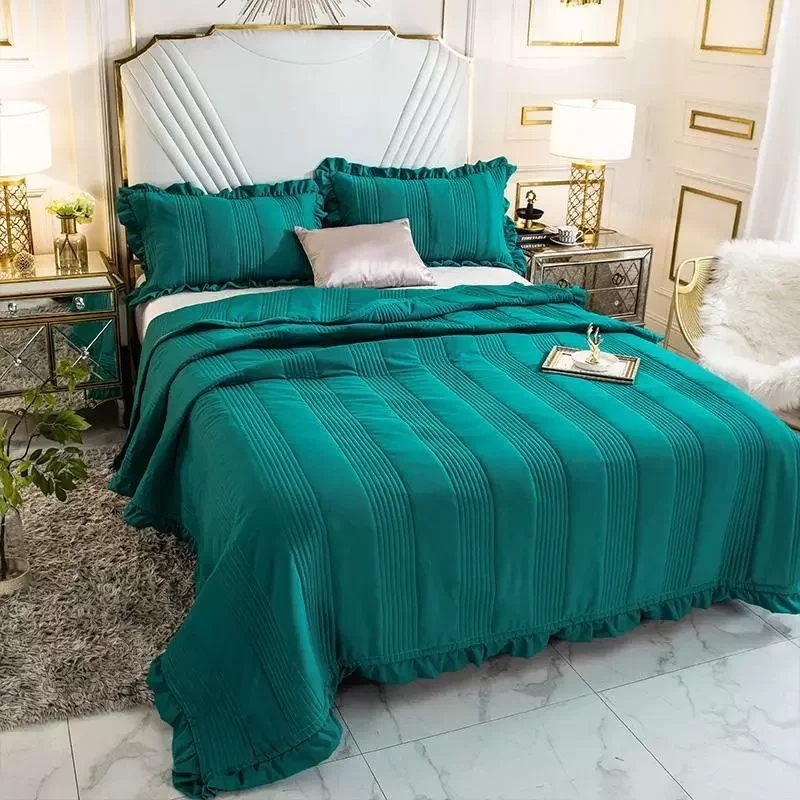 

Green Blue Soft 100% Washed Cotton Ruffle Bedspread Coverlet Bed Cover Set Blanket Summer Quilt Bed sheet Pillowcase Bedding Set