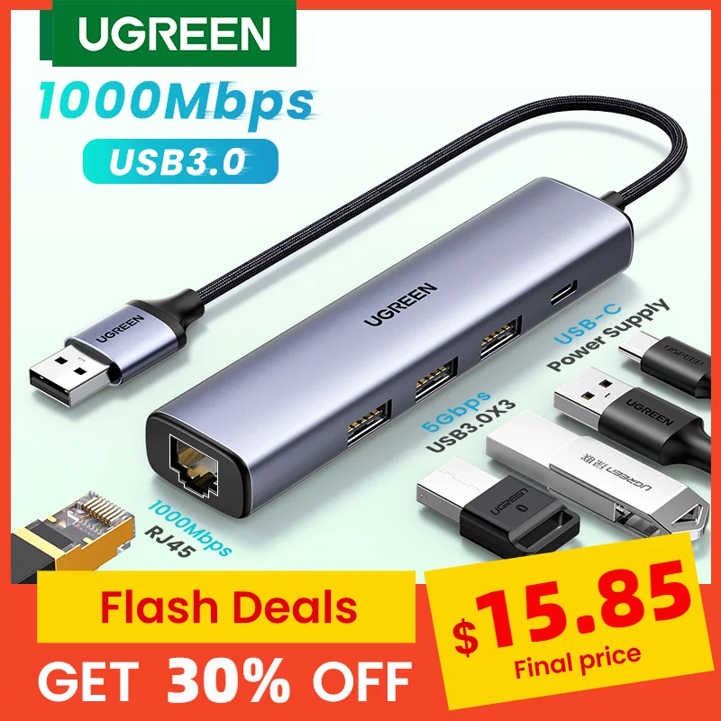 Ugreen-hub Usb 3.0 Adaptador Ethernet Rj45 Compatível com a tv Box Xiaomi mi Box s Placas de rede