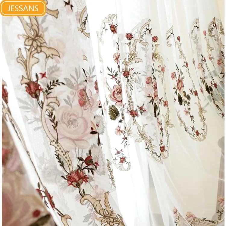 

New European Style Embroidery Window Screen Red Big Flower Villa Curtains for Living Room Balcony Bedroom White Screen