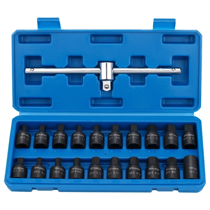 21-Piece Axle- Oil Sump Spanner Drain Plug Key Socket Set Chrome- Vanadium Steel Automotive Maintenance Tool 3/8