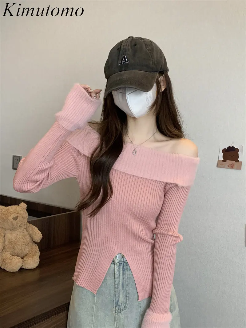 

Kimutomo элегантный цветной контрастный дизайнерский свитер с разрезом, Женский Мягкий трикотажный пуловер с воротником-лодочкой и длинными р...