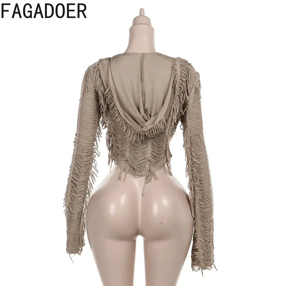 Модный коричневый укороченный топ FAGADOER Y2K с кисточками и капюшоном Женский