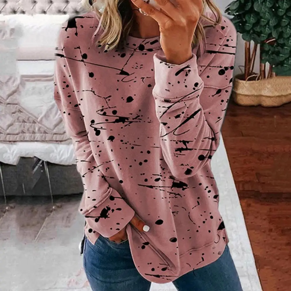 

O-Neck Loose Tunic Blouse Spring Fall Graffiti Print Long Sleeve Lady Pullover Top Female Clothing
