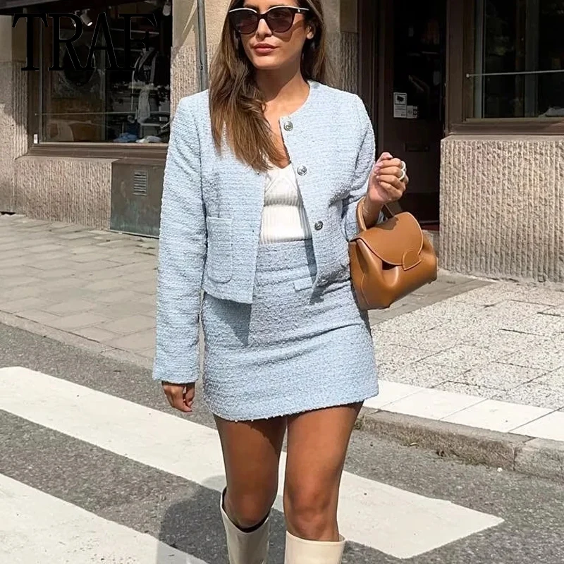 

Куртка женская твидовая с длинным рукавом, укороченная, синяя, на осень