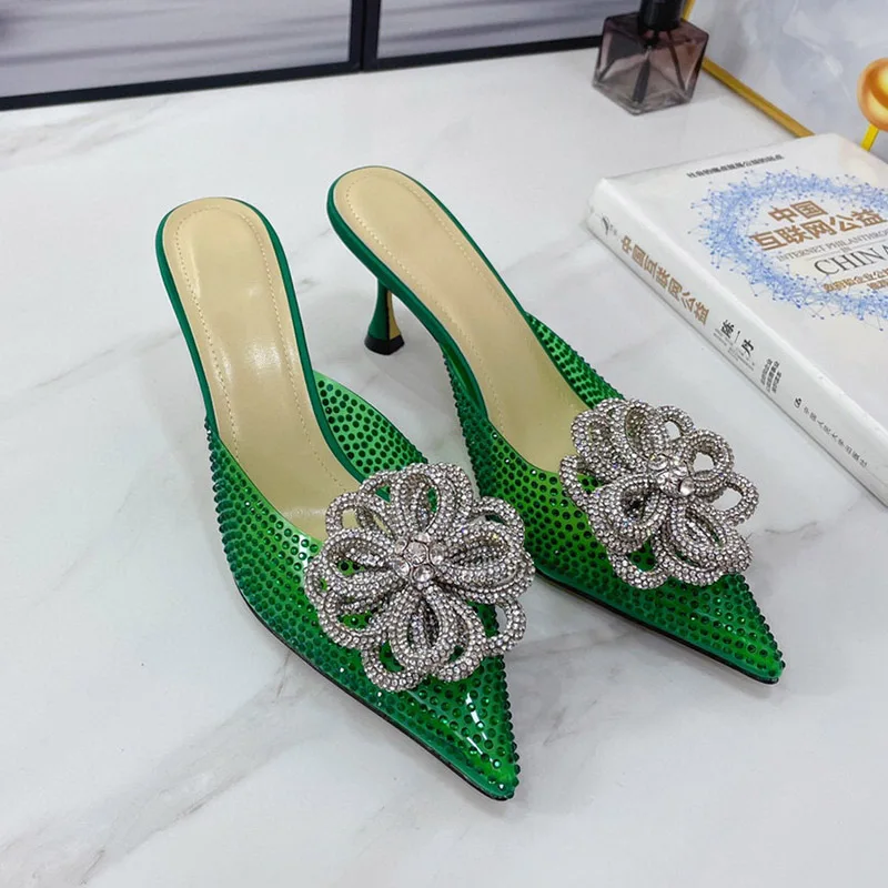 

2022 Elegant And Sexy Fairy Shoes Shine Rhinestone Flower Decor Temperament Women's Slippers Fashion High Heels Feminino Shoes