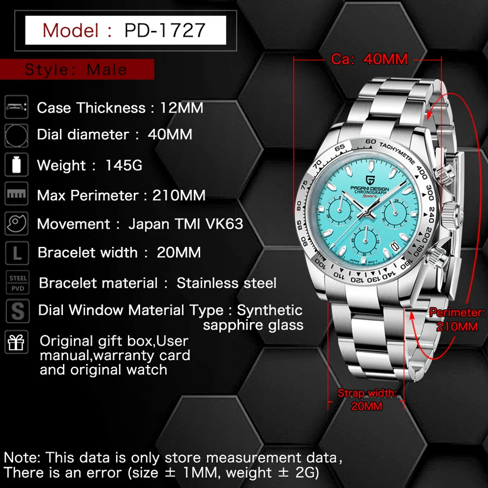 Ice Blue Dial Pagani Design Chronograph Watch for Men Elegant Womens Watches VK63 100m Waterproof Bezel Sapphire Glass Relojes