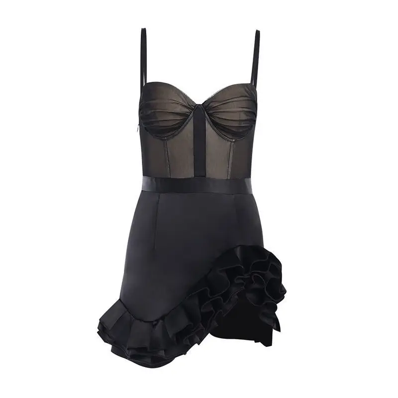 

2022French temperament halter dress INS design sense minority flounces dance Latin dance little black dress