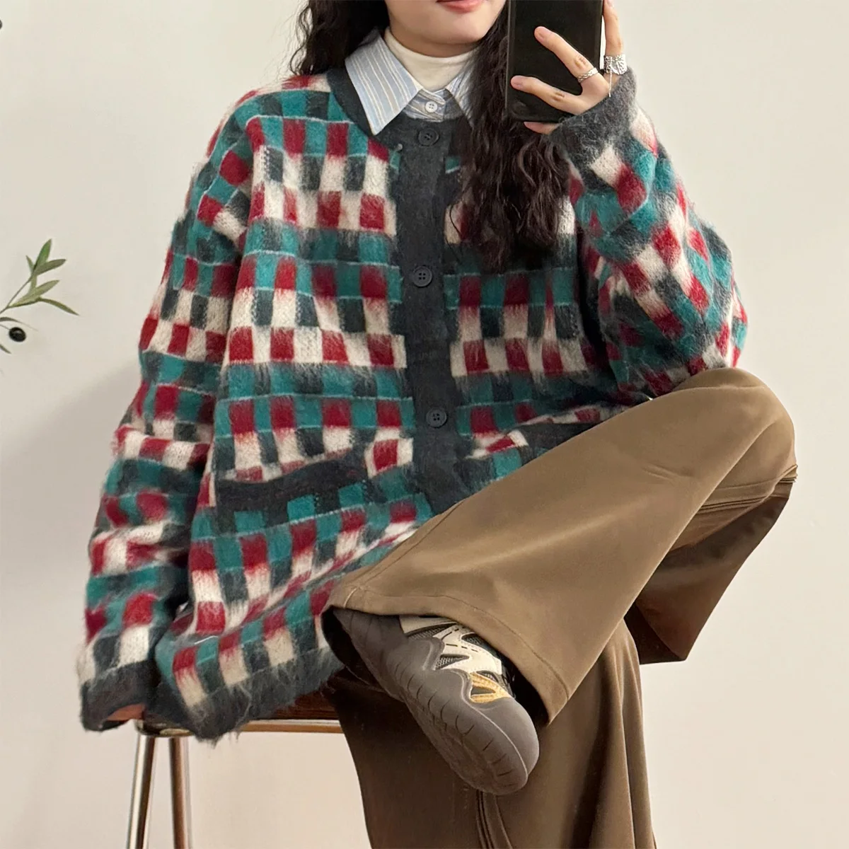 Uatonline2024 Осенне-зимний американский винтажный вязаный кардиган в клетку