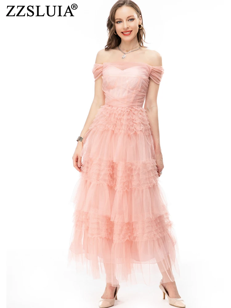 ZZSLUIA Prom Dresses For Women Off Shoulder Ruffles Designer Slim Long Dress Fashion Folds Elegant Mesh Dresses Female Clothing