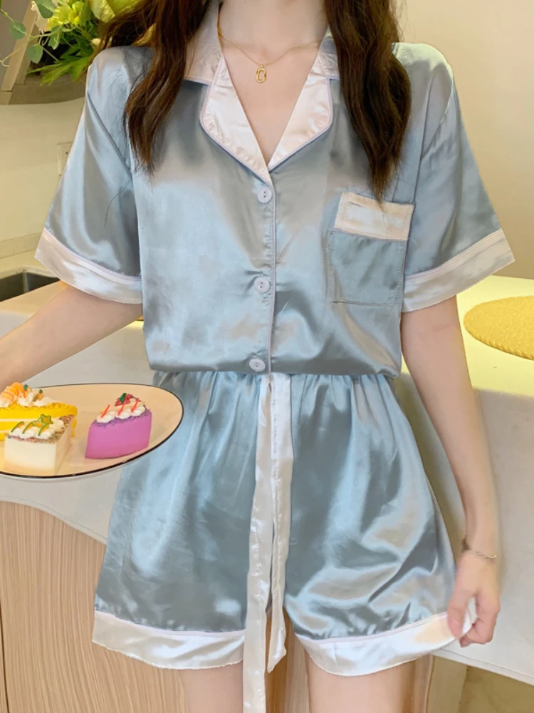 New Women Sleepwear Set Summer Pajama Set Blue Lapel Faux Silk Satin Soft Short Sleeve Casual Female Pijama Girl Home Wear Short