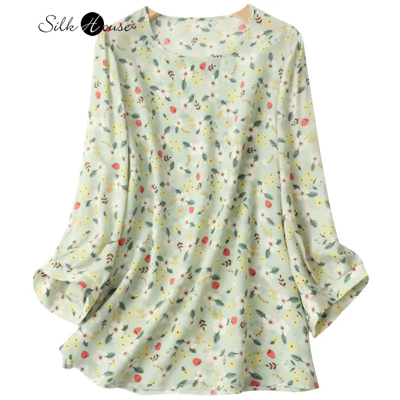 

2023 New Summer Silk Top Loose Three Quarter Bubble Sleeve Fragmented Blouse Mulberry Silk Round Neck Women's Casual T-shirt