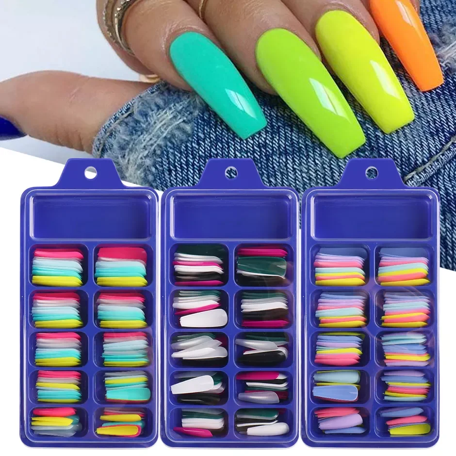 

100pcs False Nails Long Press on Nails Set Nail Coffin Ballerina Solid Color Pink White Acrylic Tips Nail Capsule Tools NT1895
