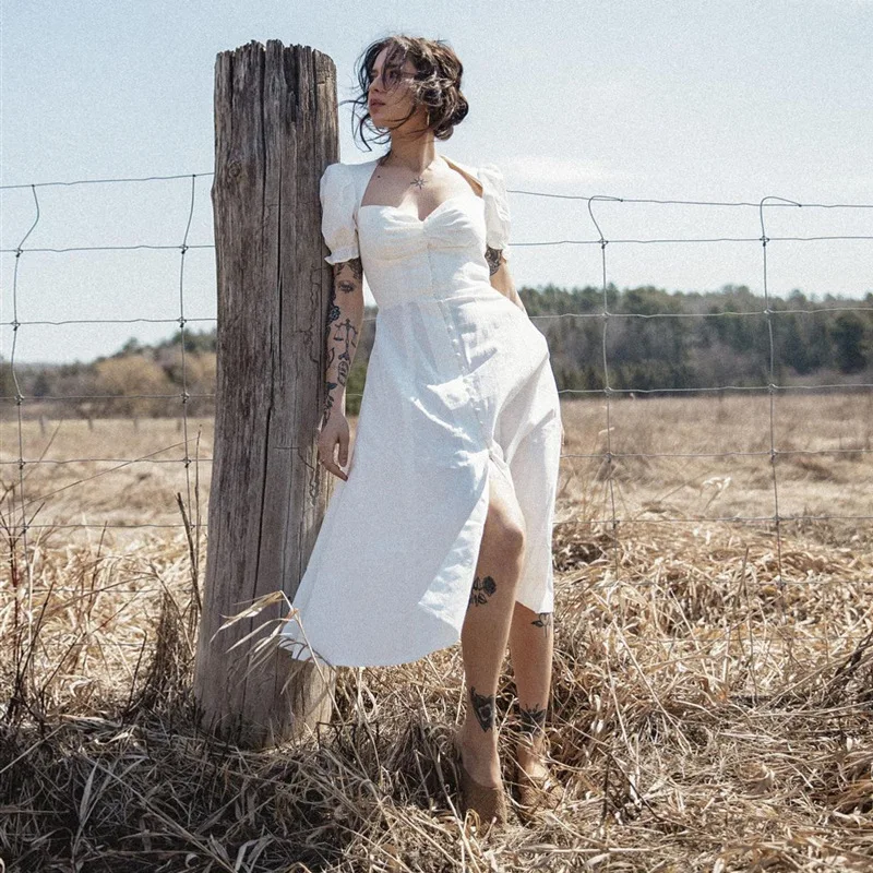 

Summer Outfits for Women 2023 New Hot Sale White French Romantic A-Line Puff Sleeve Waist Neck Temperament Mid-Length Dress