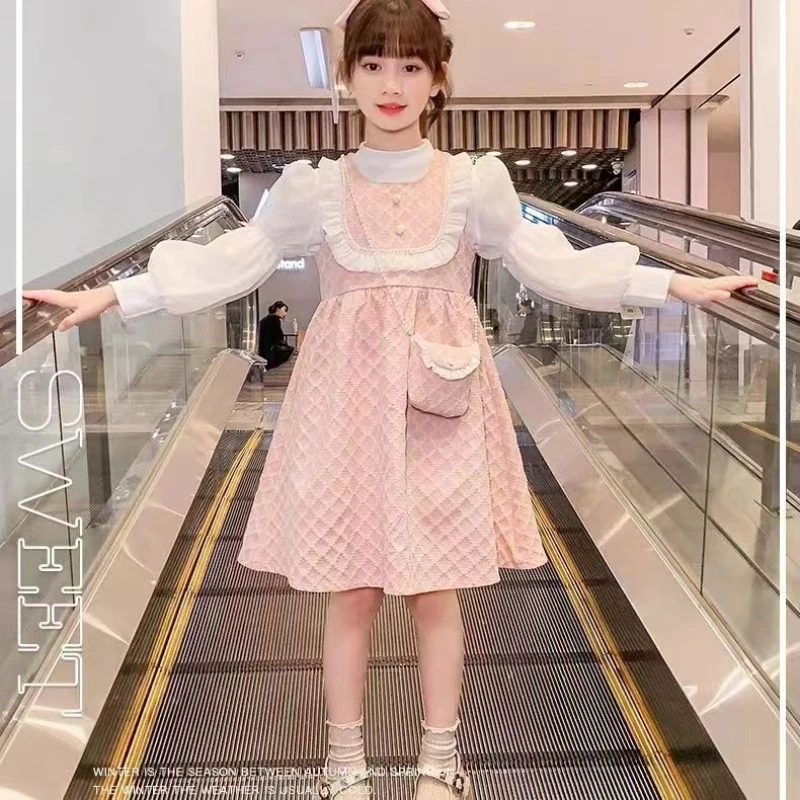 

3-12T Girls' Dress Set 2023 New Autumn Fashion Doll Neck Beautiful Sweet Princess Dress Children's Clothing