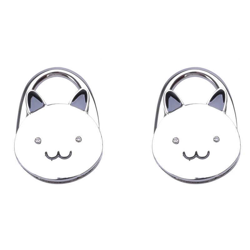 

2X Black Cat Cartoon Foldable Silver Tone Handbag Hook Antislip Rubber Base