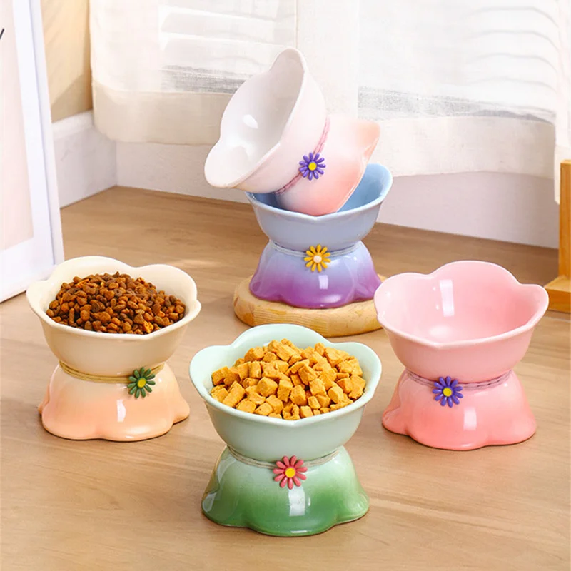 

New Pet Ceramic Bowl Cute Flower Bowl Canned Dinner Plate Heightened Protection Cervical Vertebrae To Prevent Overturning