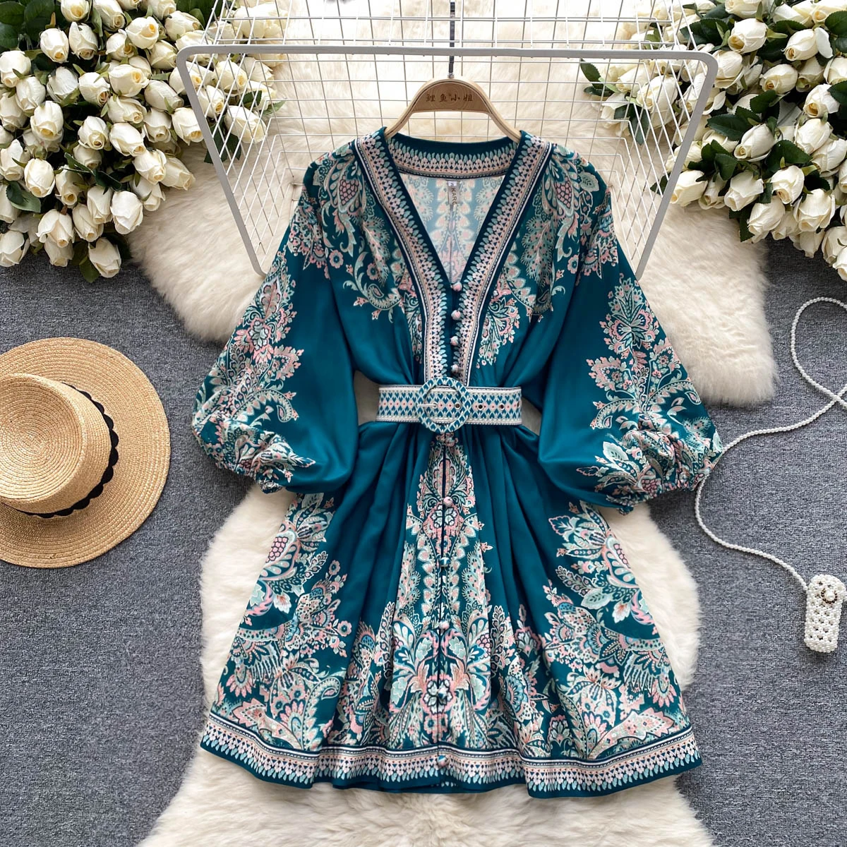 

Autumn Dress for Women Indie Folk Printing Vintage Long Sleeve V-Neck Veatidos Luxury Mini Boho Robe Vacation Beach New 2023