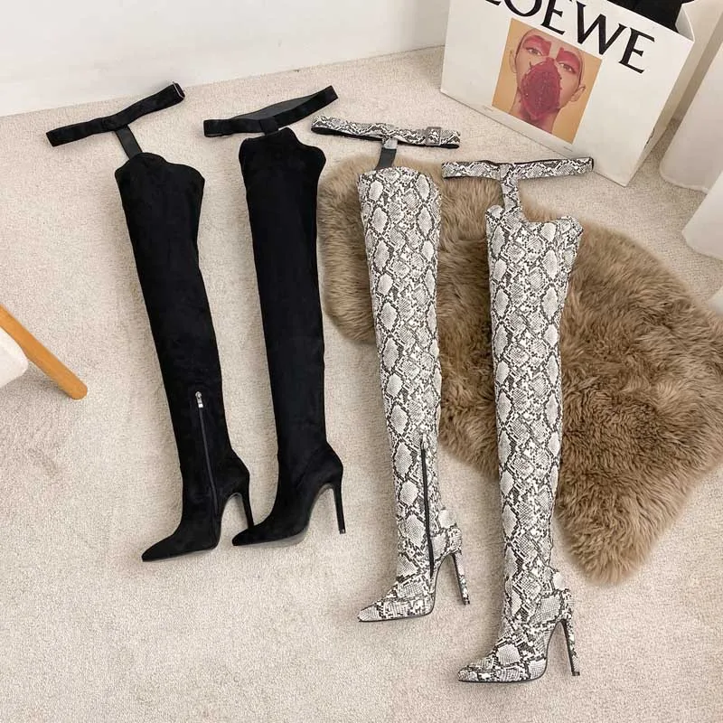 NightClub Dance Booties Sexy Pointed Toe Over Knee High Heel Women Shoes Big Size 35-43 Fashion Black Leather Jazz Dance Shoes