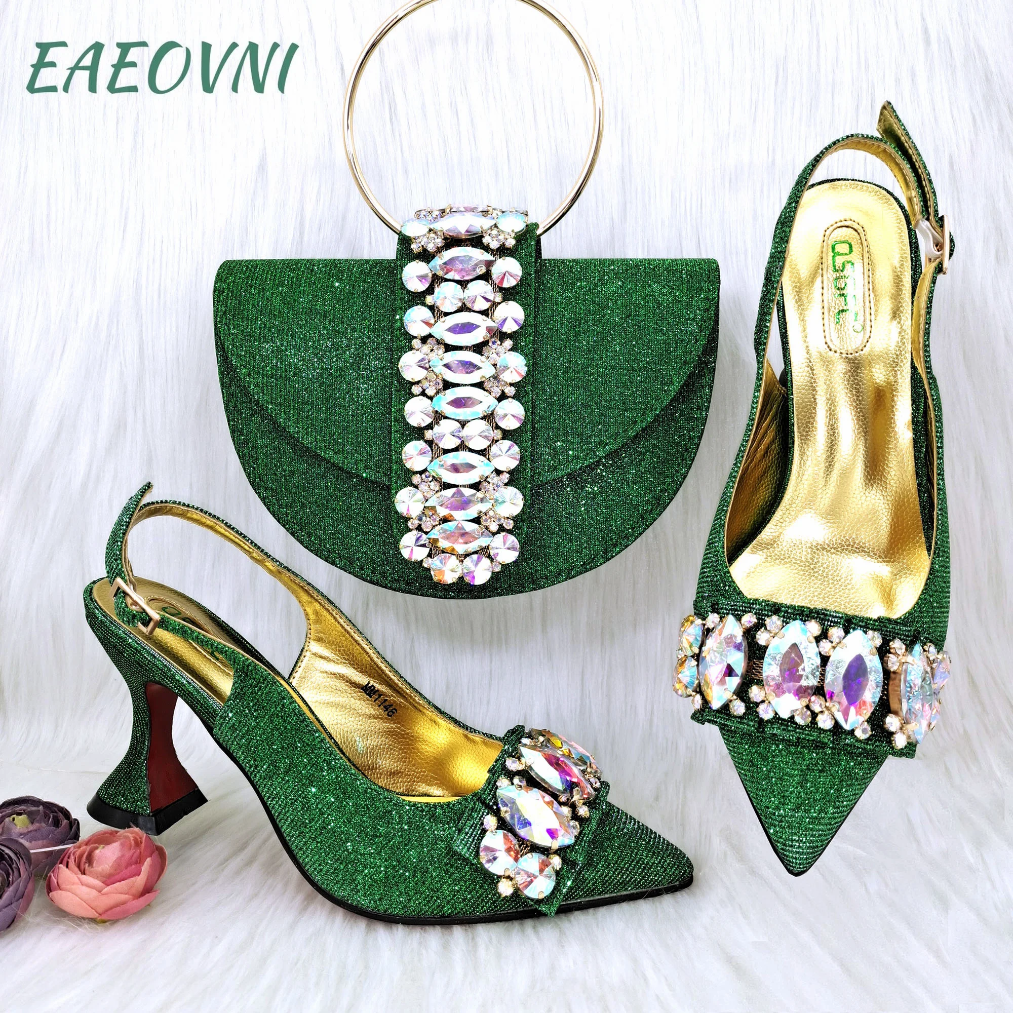 

Green Color Elegant Half Round Metal Clutch Bag and Ladies High Heels Shiny Material with Big Rhinestones for Wedding Party