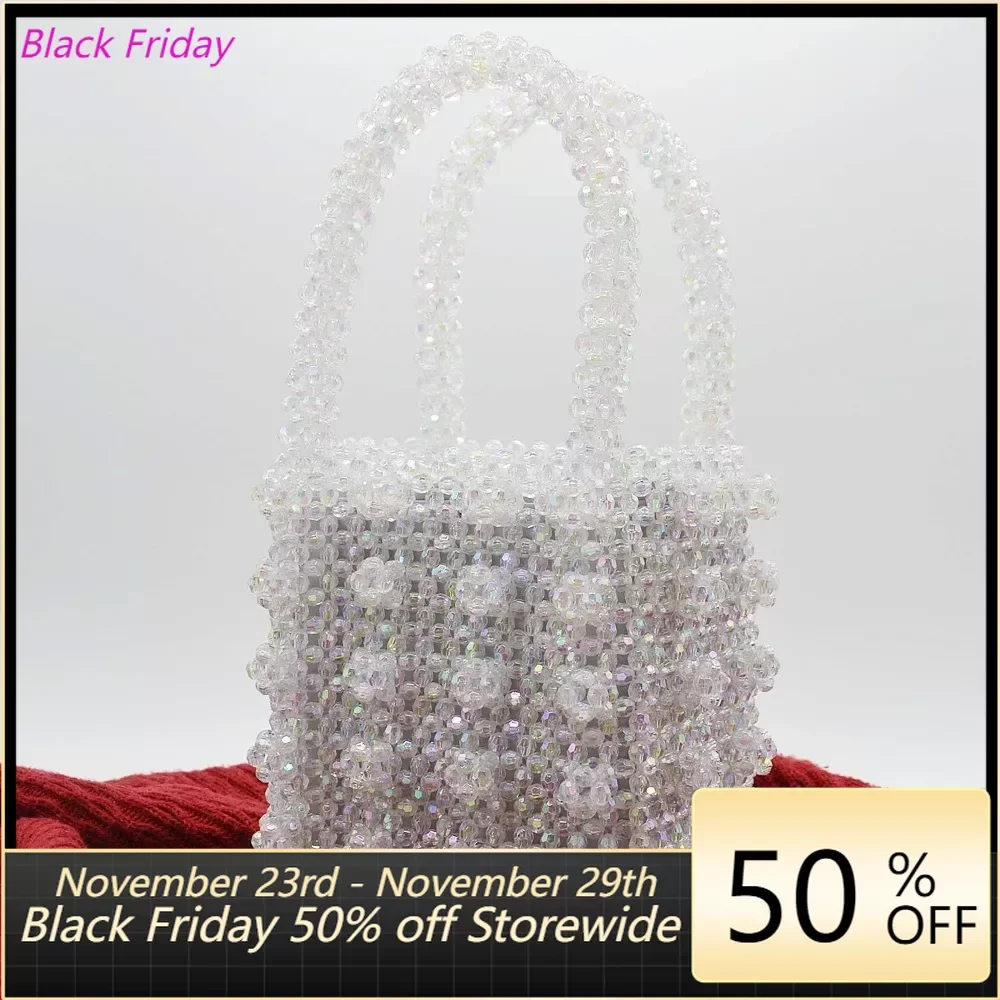 

Womens Beaded Handbags Handmade Weave Crystal Pearl Tote Bags
