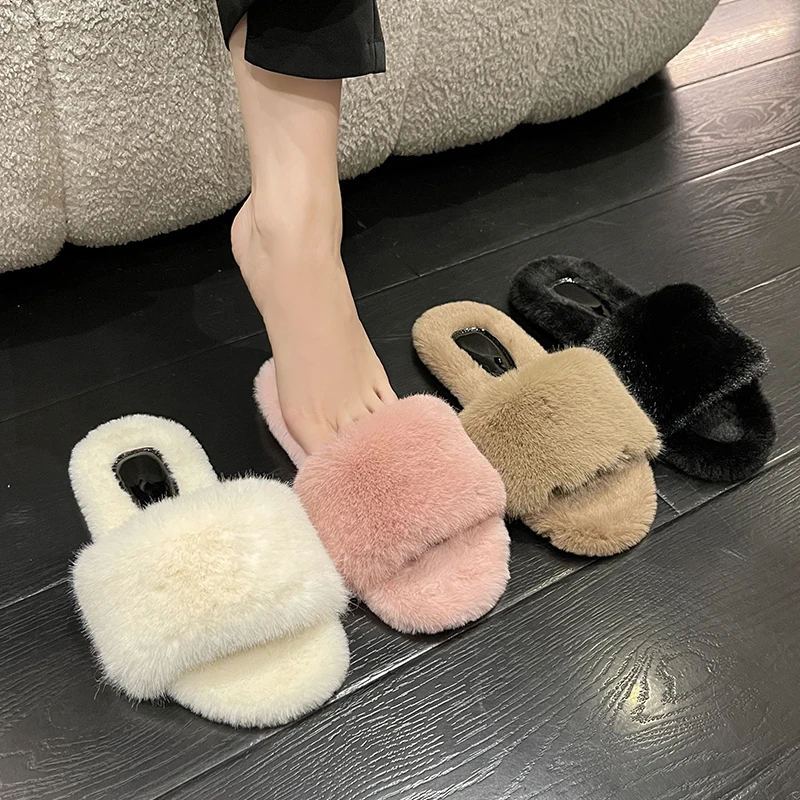 

Female Shoes Ladies' Slippers Fur Flip Flops Flock Luxury Slides 2022 Flat Soft Plush Designer with fur Rome Basic Autumn Rubber